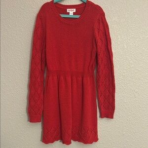 Girls Red A-Line Bishop Sleeve Crew Neck Sweater Dress